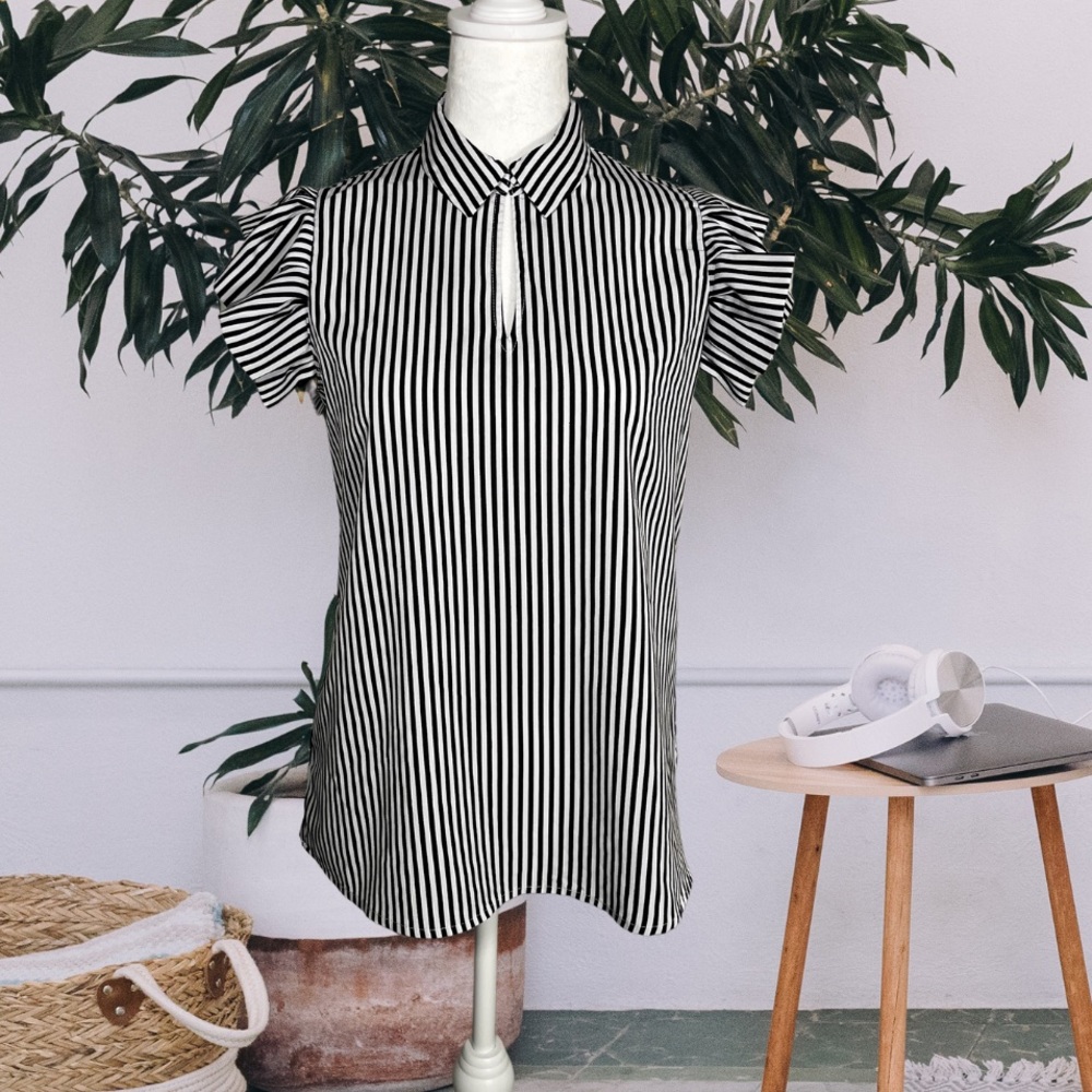 Tahari Pinstripe Ruffle Blouse